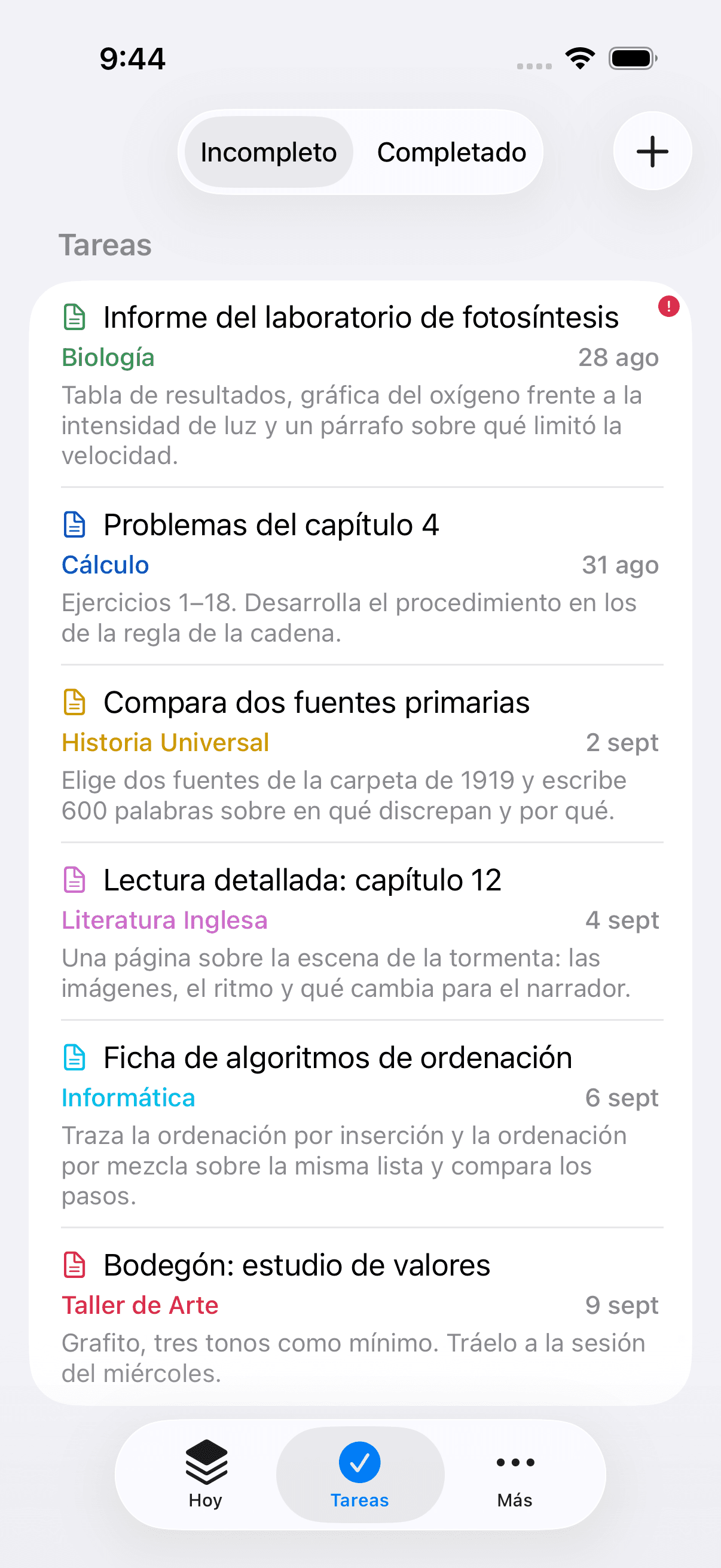 La lista de tareas en iPhone, con cada tarea, su asignatura y su fecha de entrega