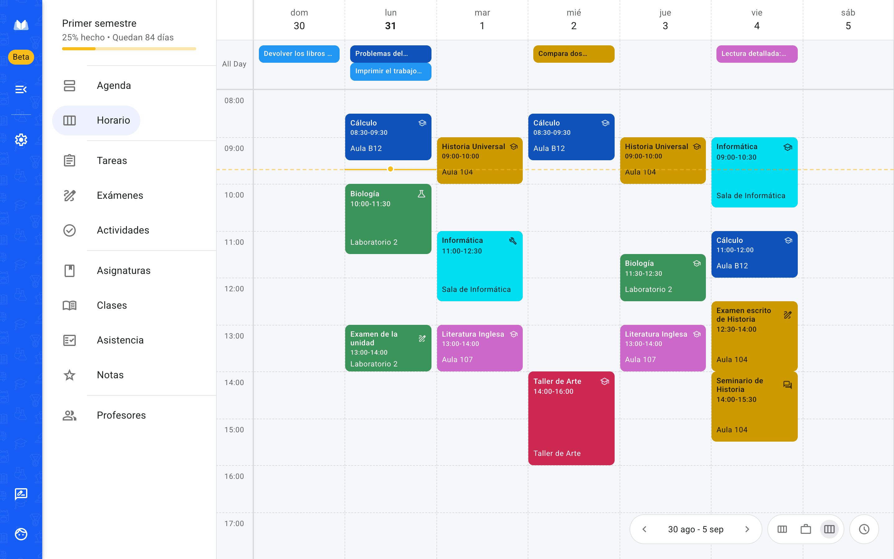 La versión web de Agenda Escolar con el horario semanal en el navegador