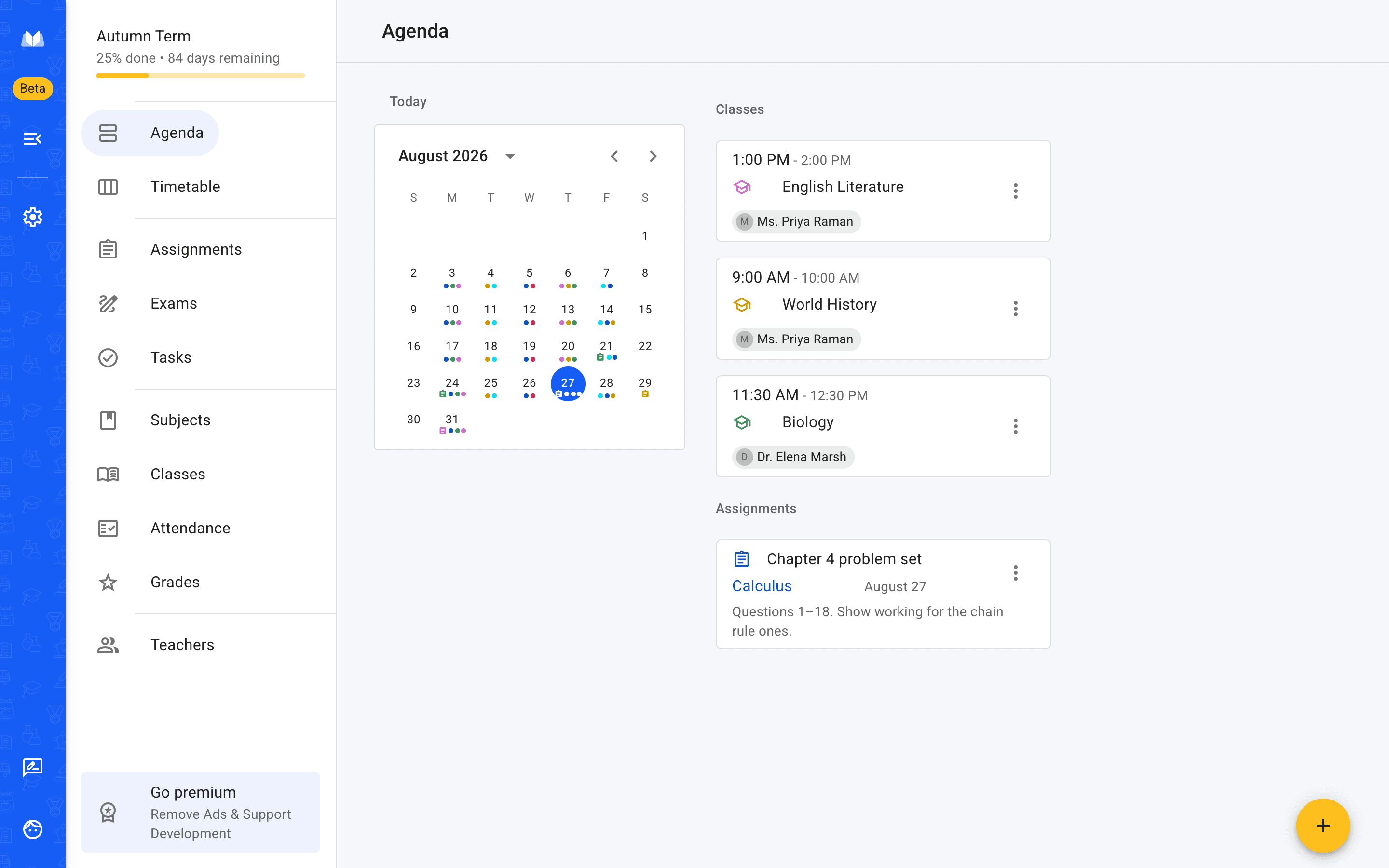 The School Planner web app showing a school day — classes, an exam and the homework due that day