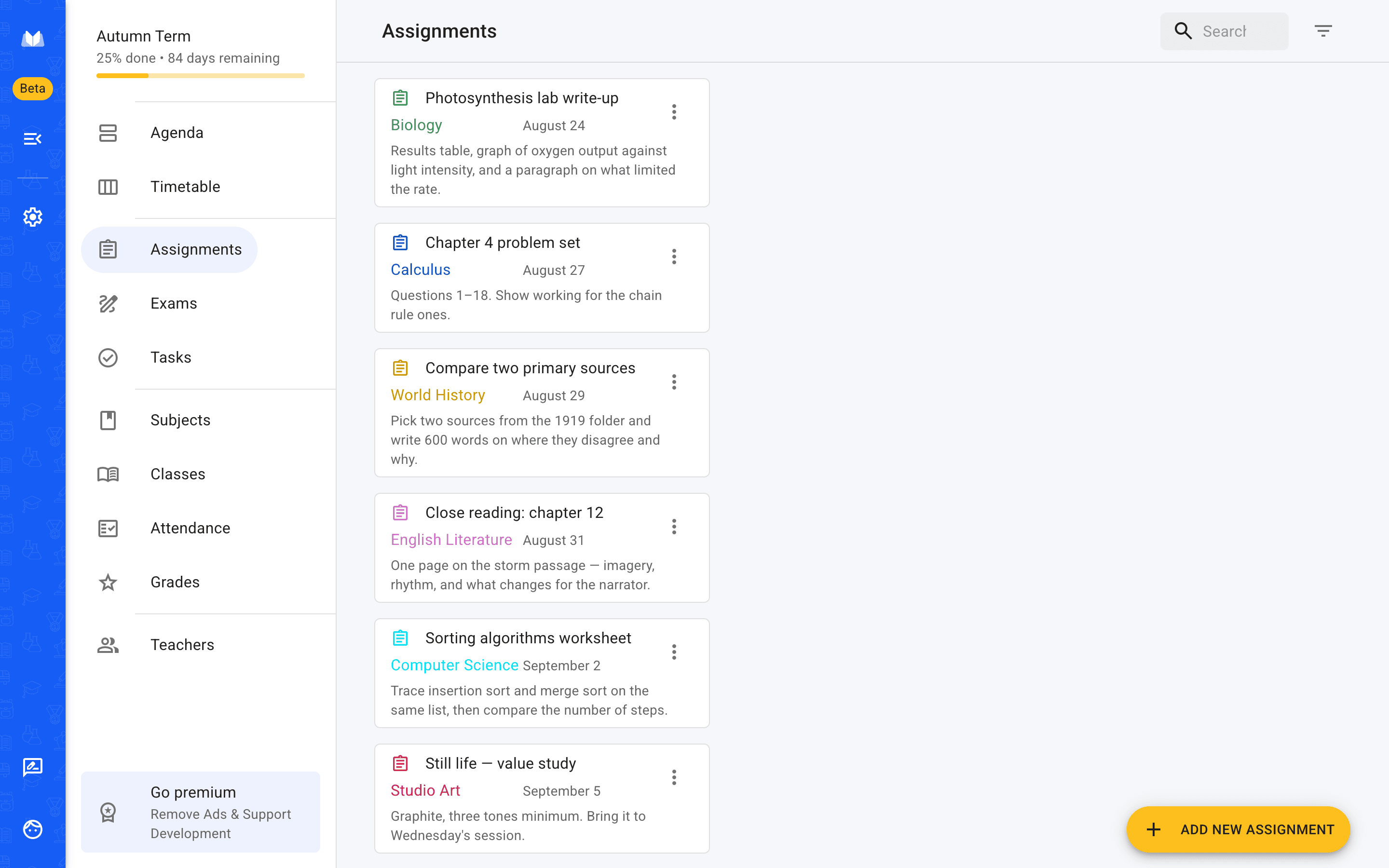 The assignments list in the School Planner web app, showing homework in due-date order