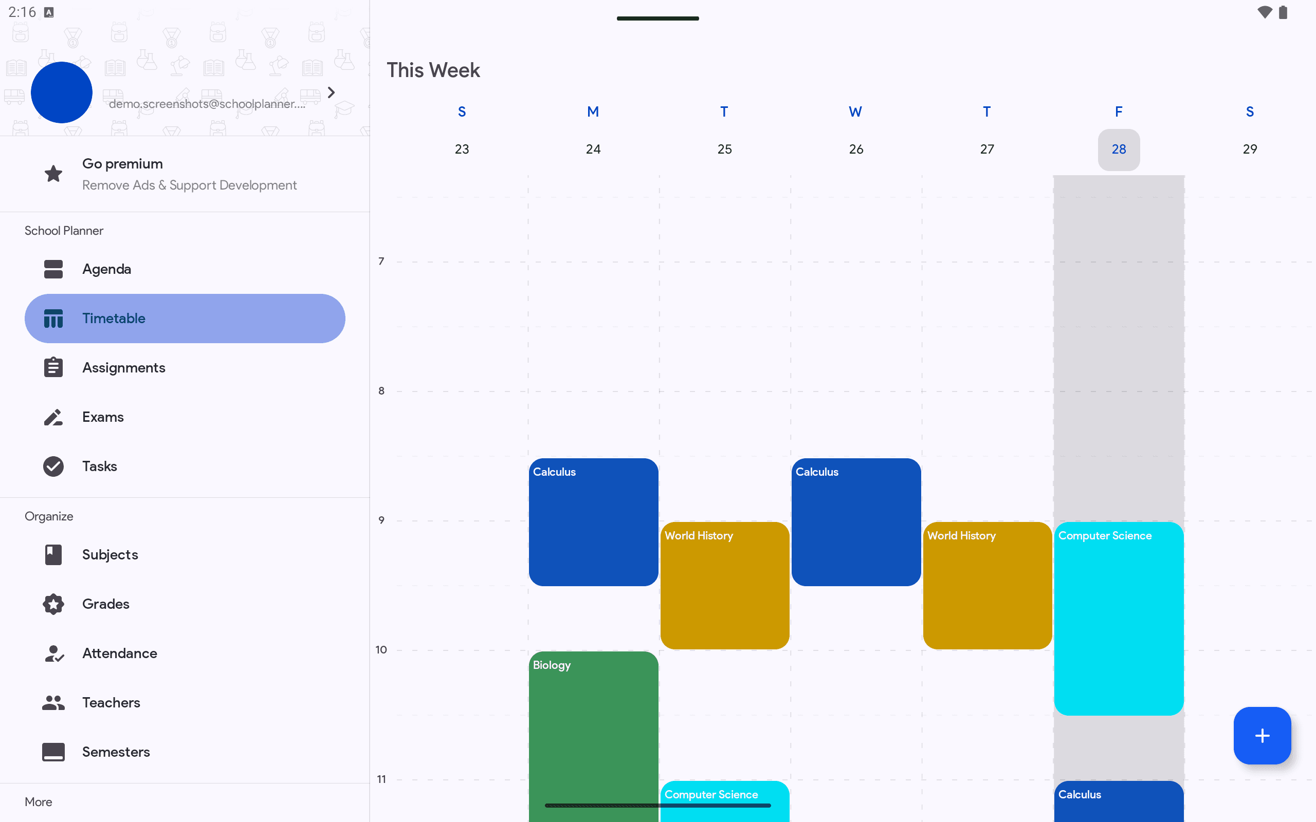 School Planner on an Android tablet, showing a full week timetable beside the app's sidebar