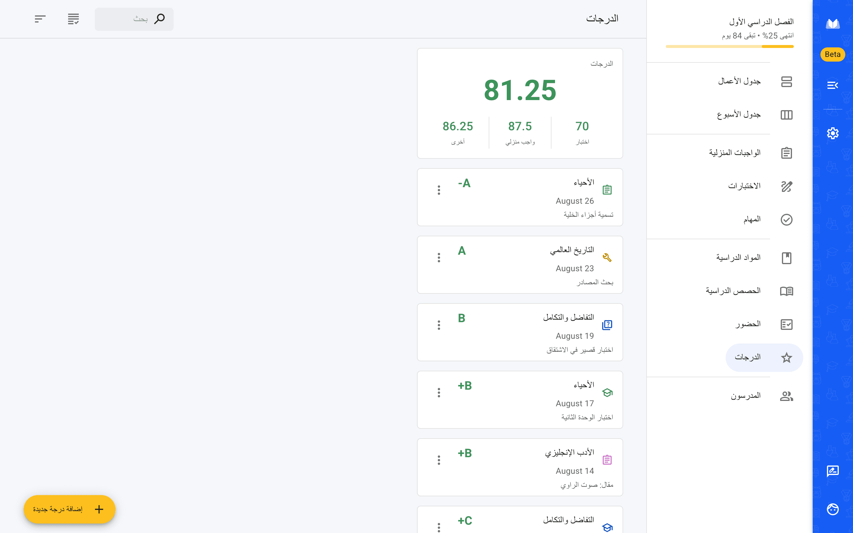 شاشة الدرجات في نسخة الويب من مخطط المدرسة، والدرجات مسجَّلة لكل مادة دراسية