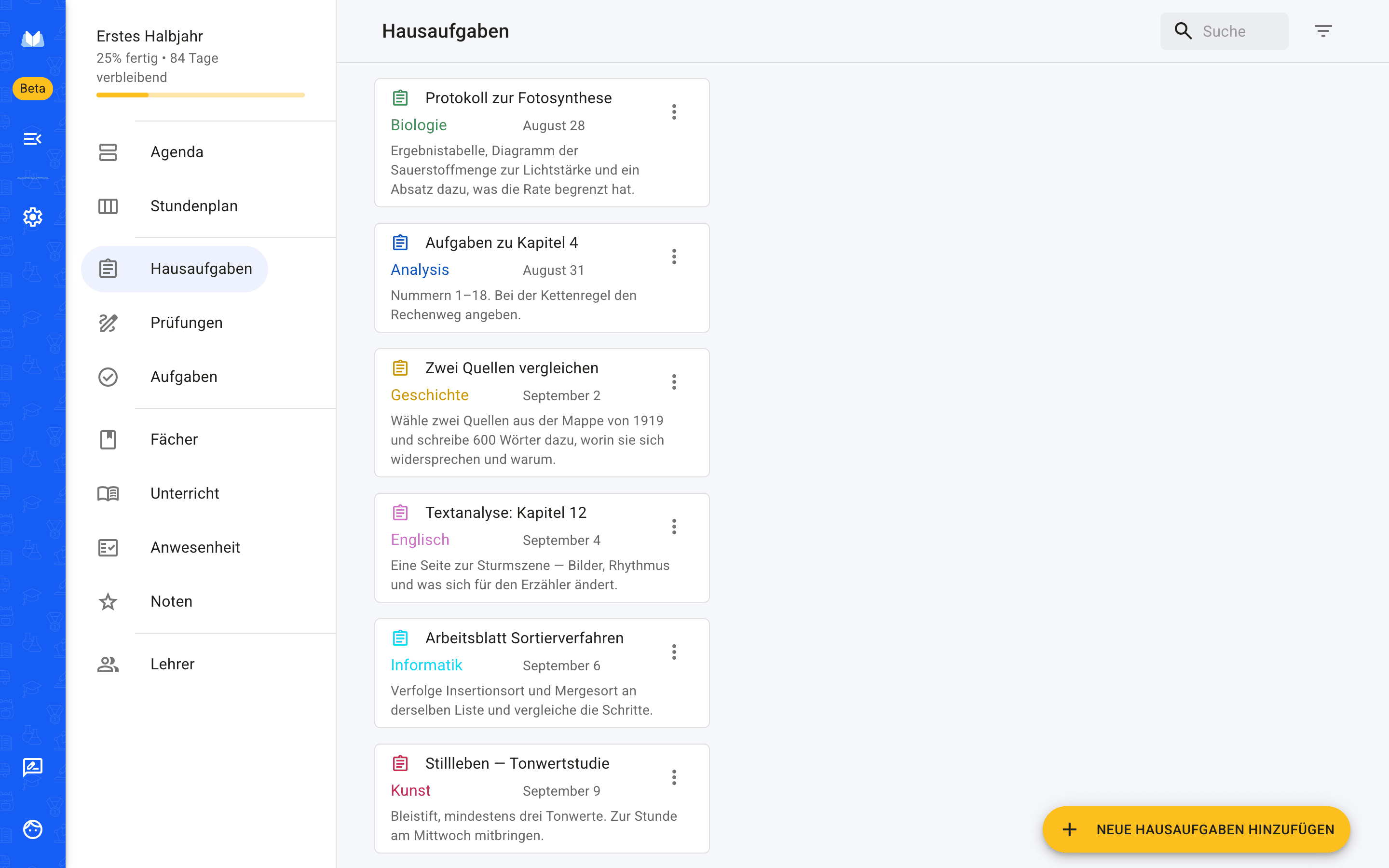 Die Hausaufgabenliste in der Web-Version des Schulplaners, nach Abgabetermin sortiert