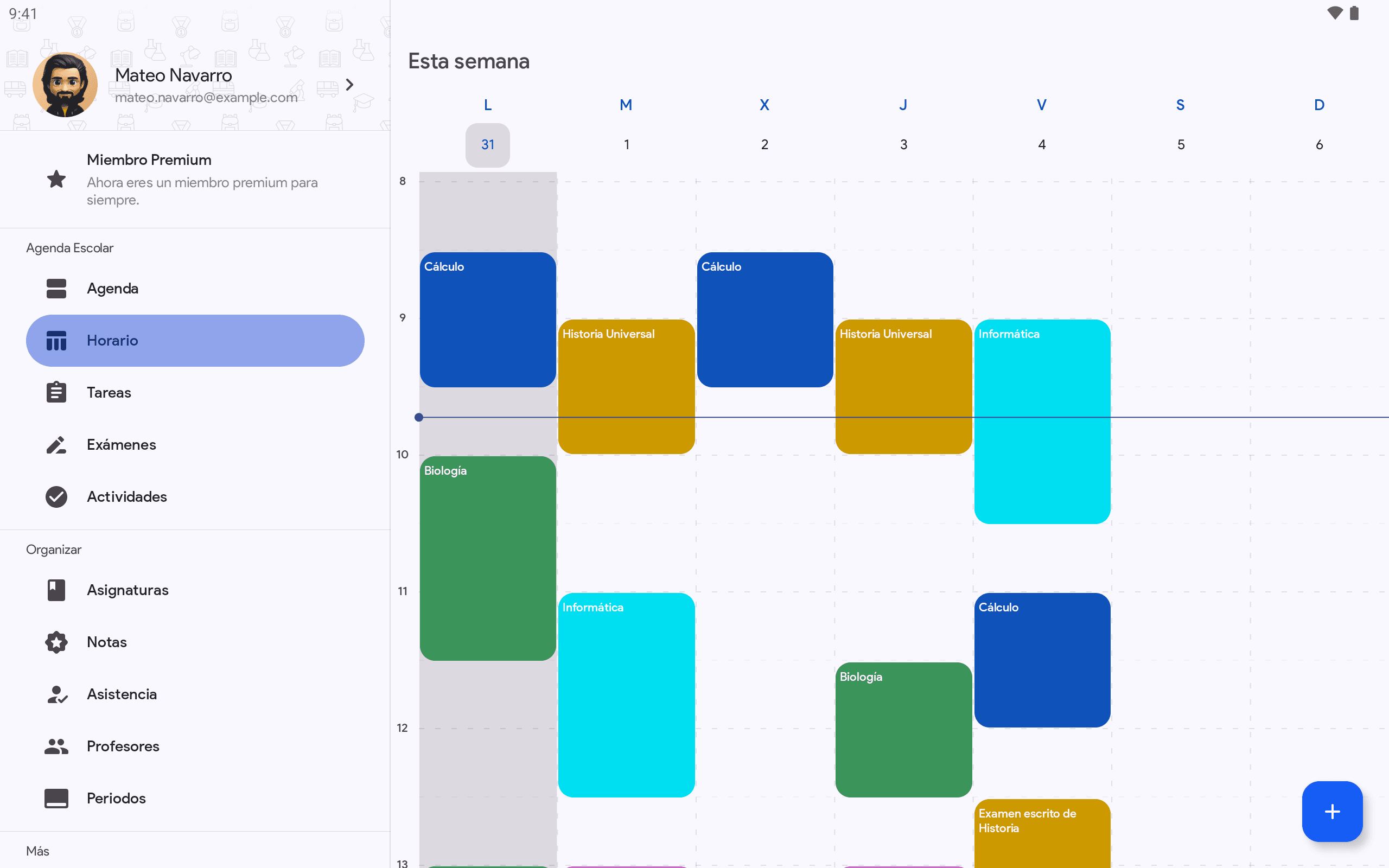 Agenda Escolar en una tableta Android, con el horario de la semana completa junto al menú lateral de la app