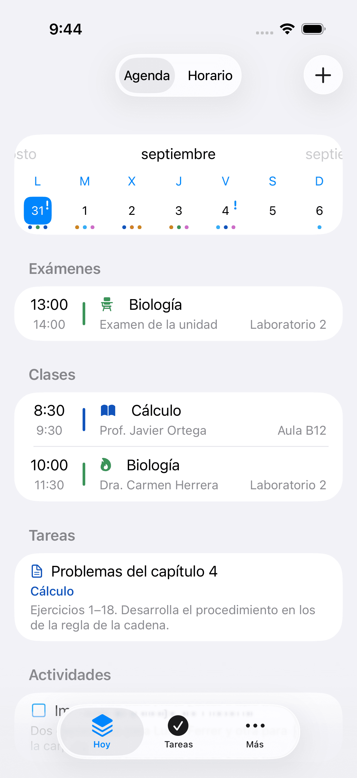 Pantalla de la agenda