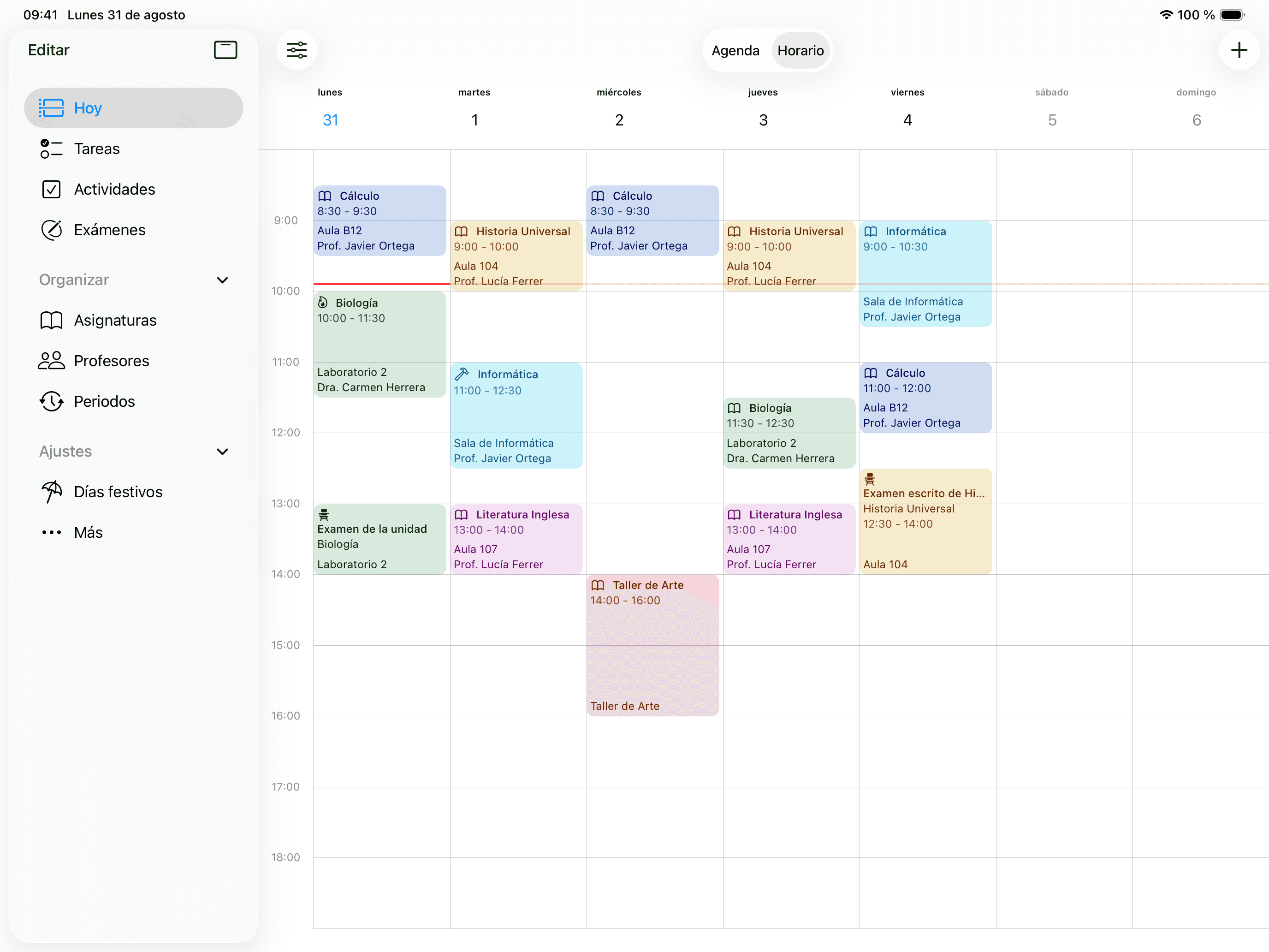 Agenda Escolar en iPad con el horario de la semana completa, con cada clase, su hora y su profesor