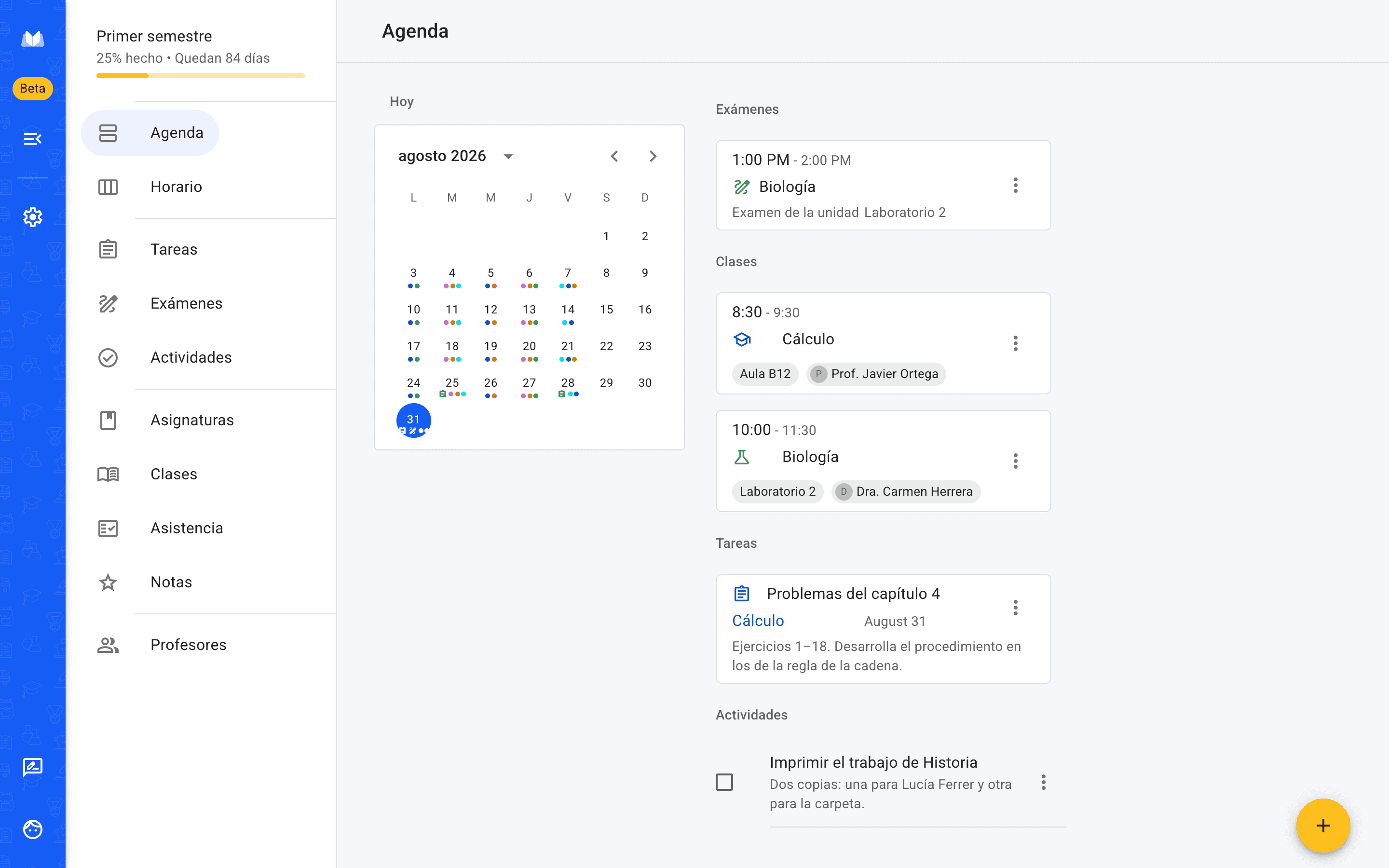 La versión web de Agenda Escolar mostrando un día de clase: las clases, un examen y las tareas que se entregan ese día