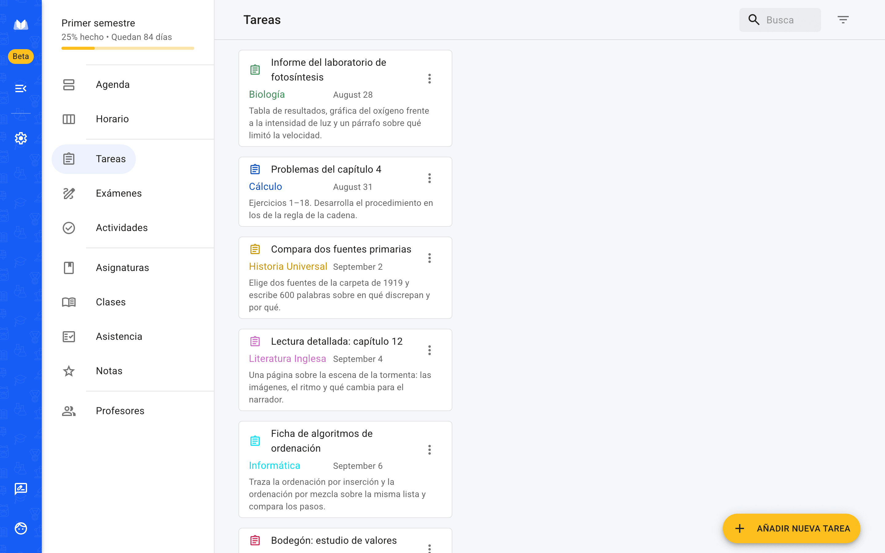 La lista de tareas en la versión web de Agenda Escolar, ordenada por fecha de entrega