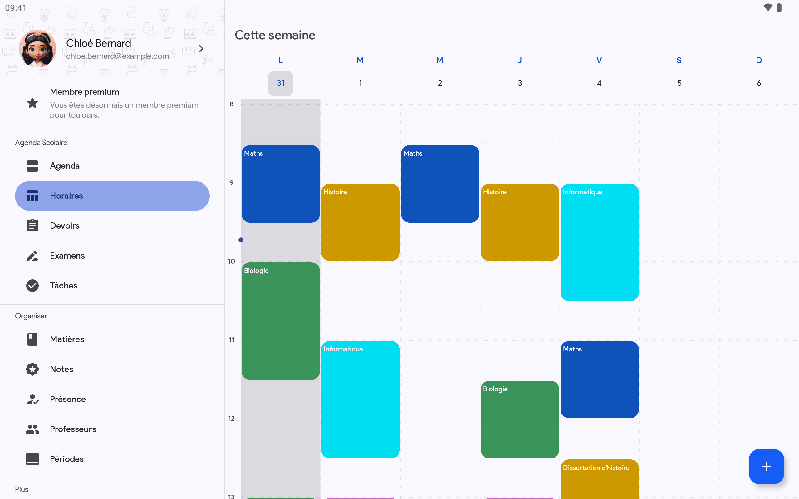 Agenda Scolaire sur une tablette Android, affichant une semaine entière d'emploi du temps à côté de la barre latérale de l'appli