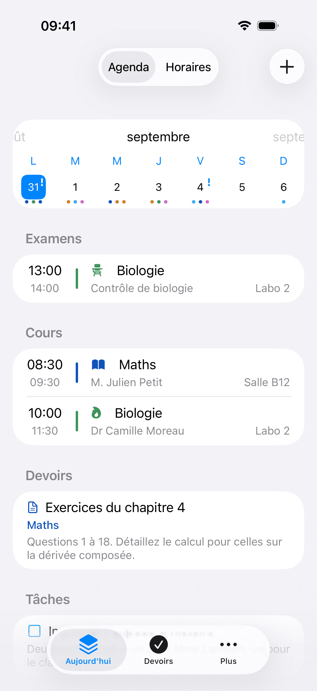 Écran de l'agenda