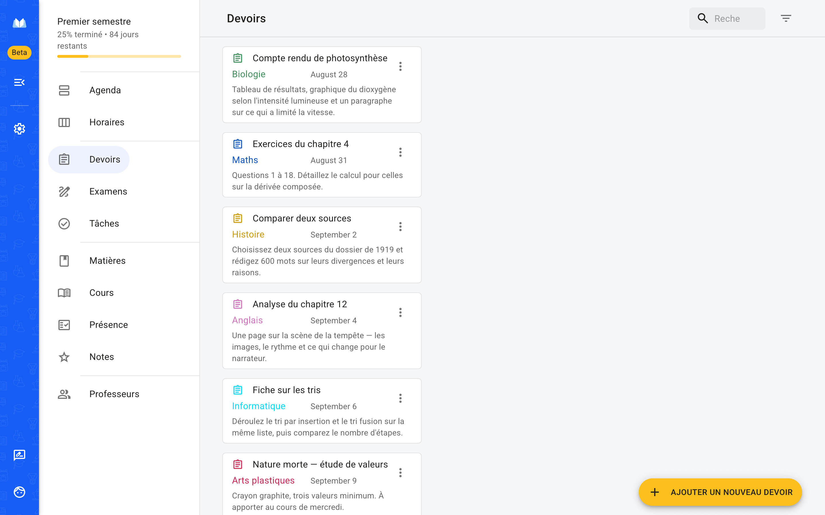 La liste des devoirs dans la version navigateur d'Agenda Scolaire, classée par date de rendu