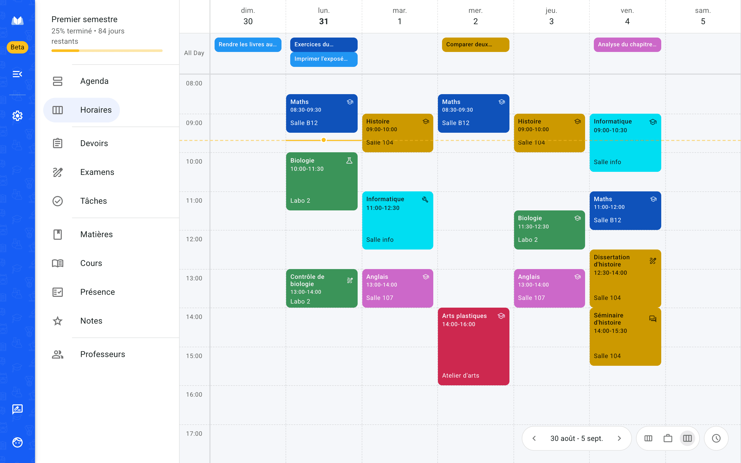 La version navigateur d'Agenda Scolaire affichant l'emploi du temps de la semaine