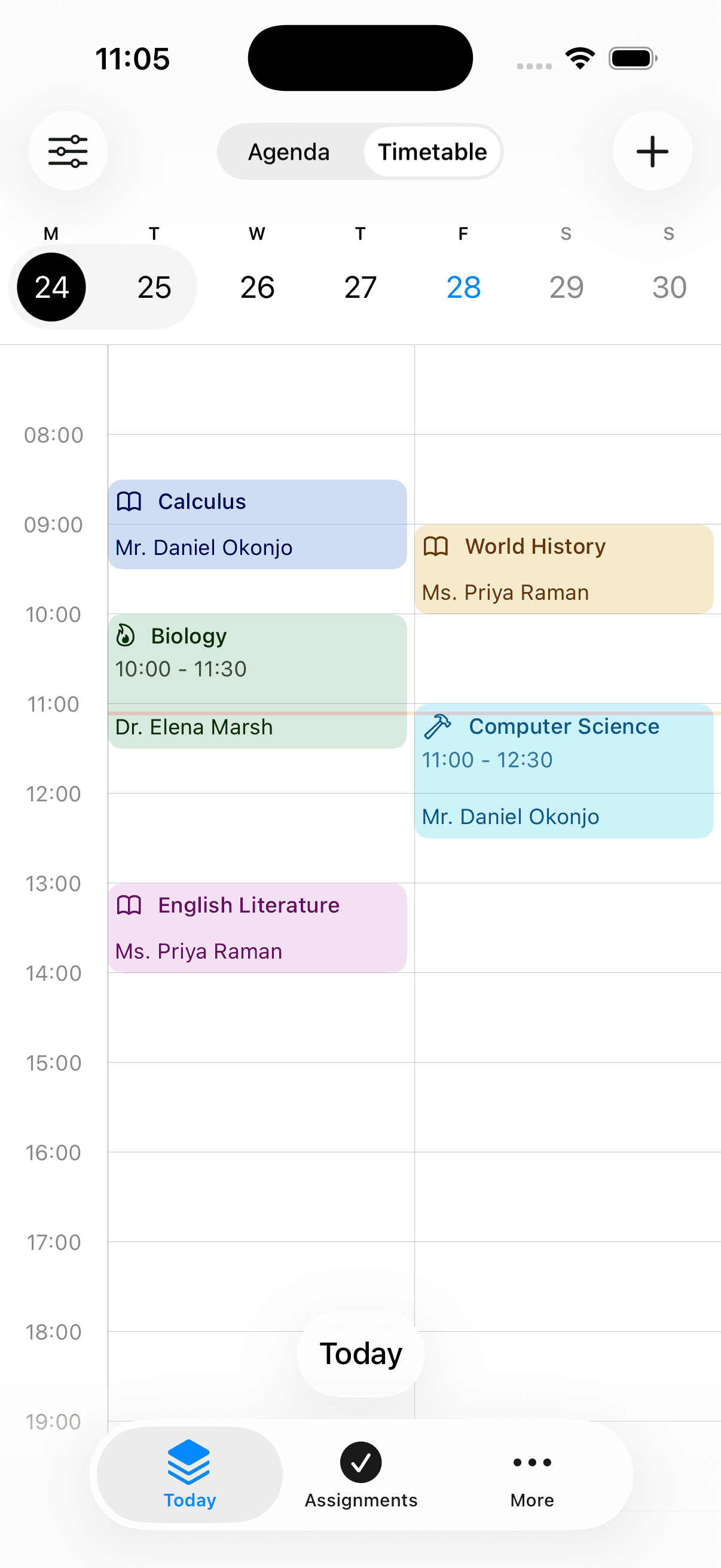The School Planner timetable on iPhone
