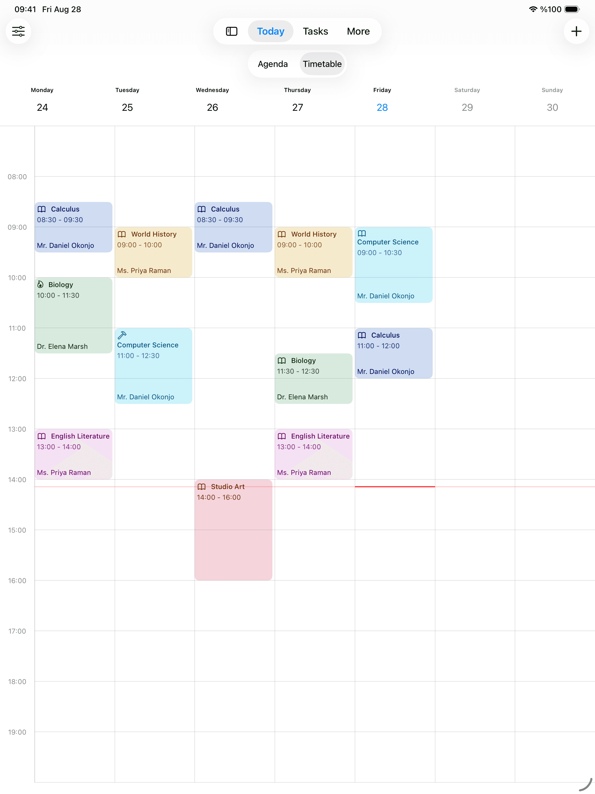 School Planner on iPad showing a full week timetable, with each class, its time and its teacher