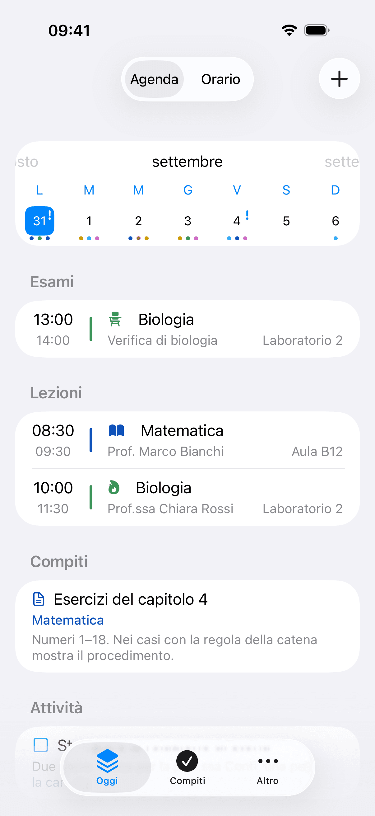 Schermata dell'agenda del giorno