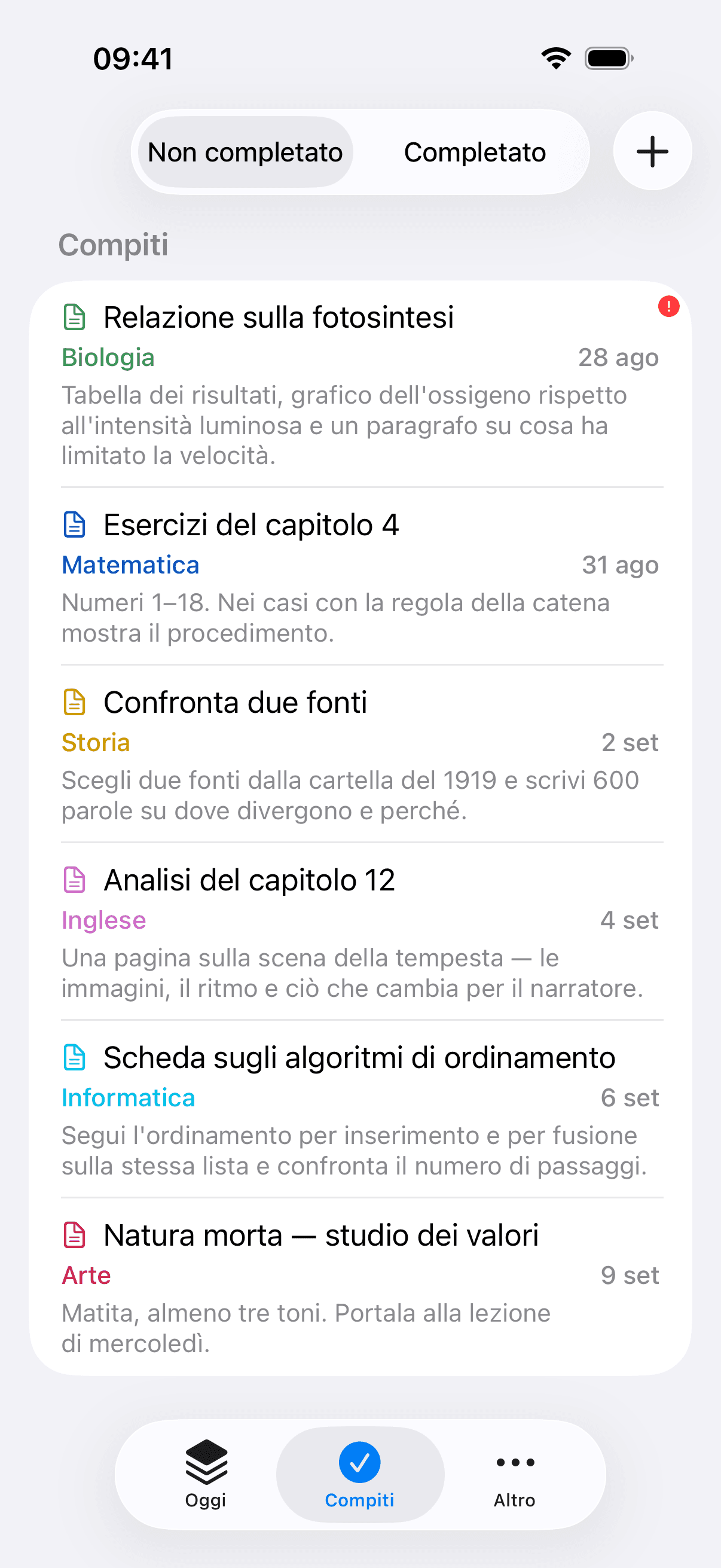 L'elenco dei compiti su iPhone, con ogni compito, la sua materia e la sua scadenza