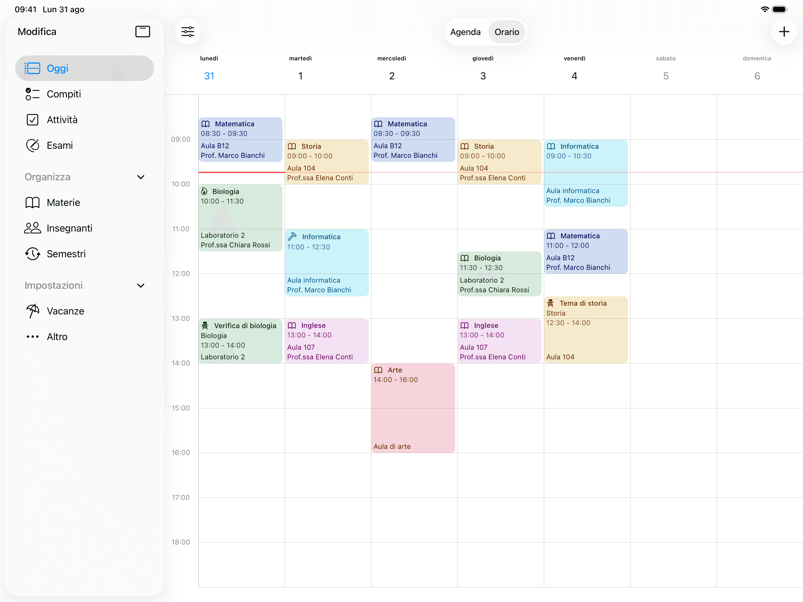 School Planner su iPad con l'orario dell'intera settimana, con ogni lezione, la sua ora e il suo insegnante