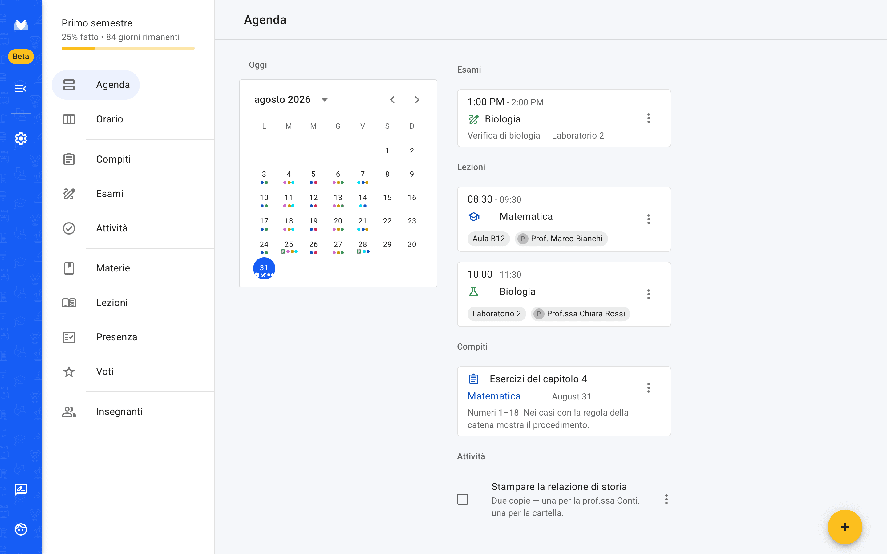 La versione web di School Planner con una giornata di scuola: le lezioni, una verifica e i compiti in scadenza quel giorno