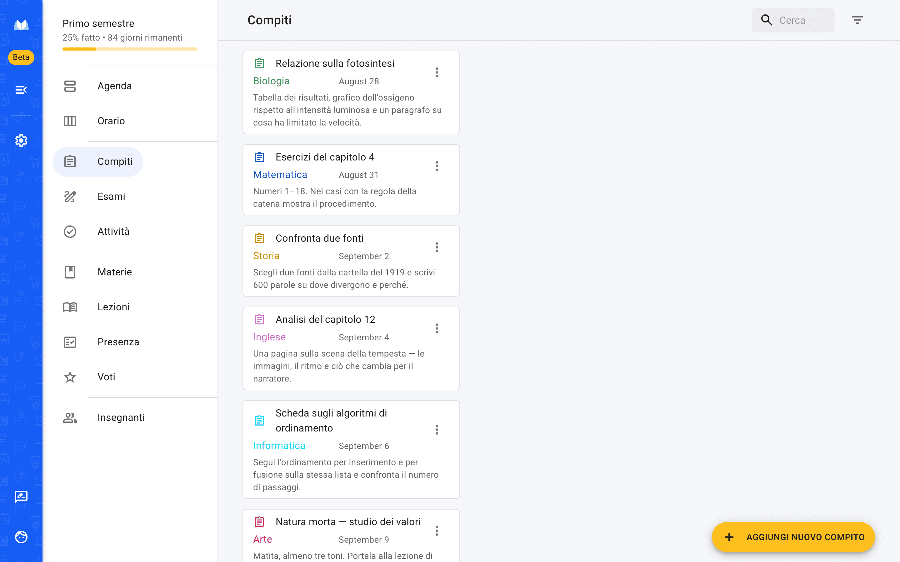 L'elenco dei compiti nella versione web di School Planner, in ordine di scadenza