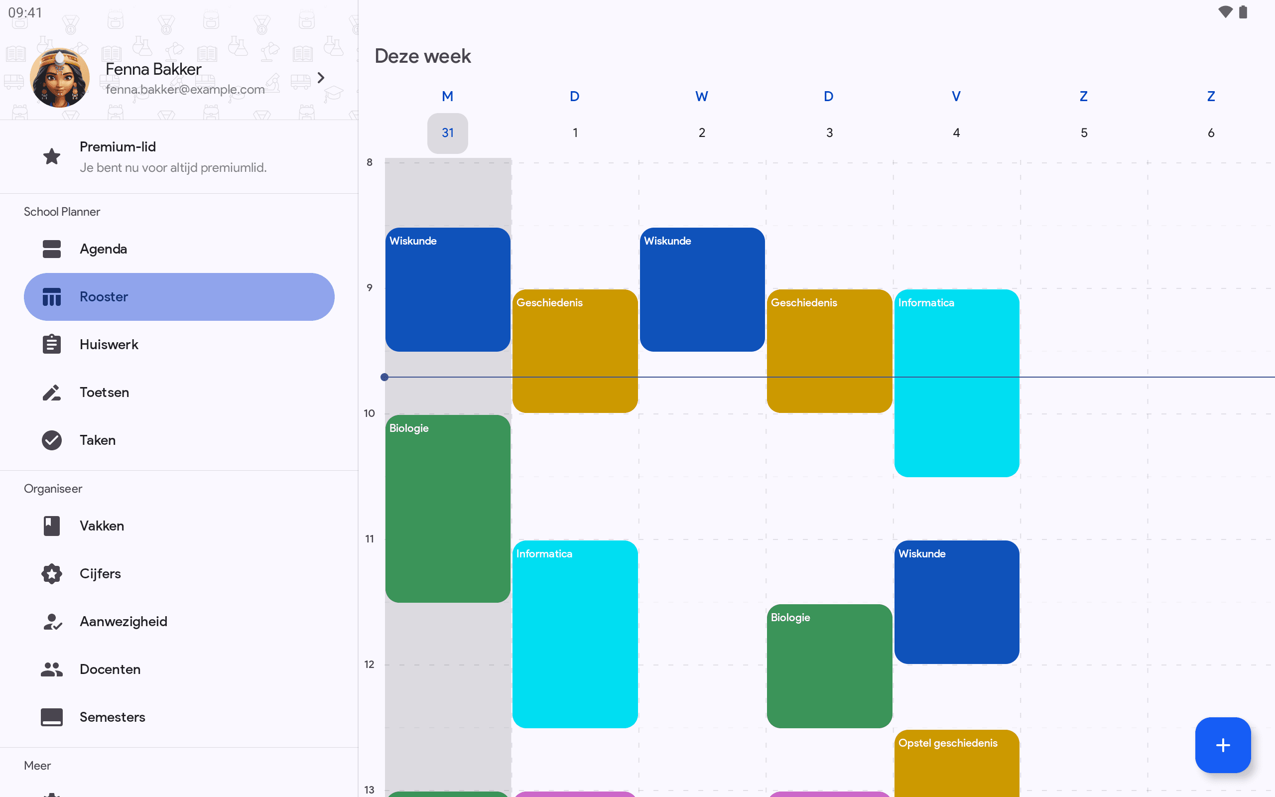 School Planner op een Android-tablet, met een volledig weekrooster naast de zijbalk van de app