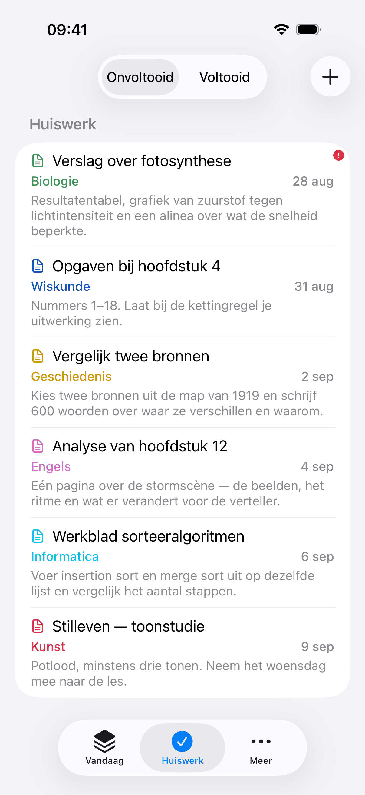Het huiswerkscherm