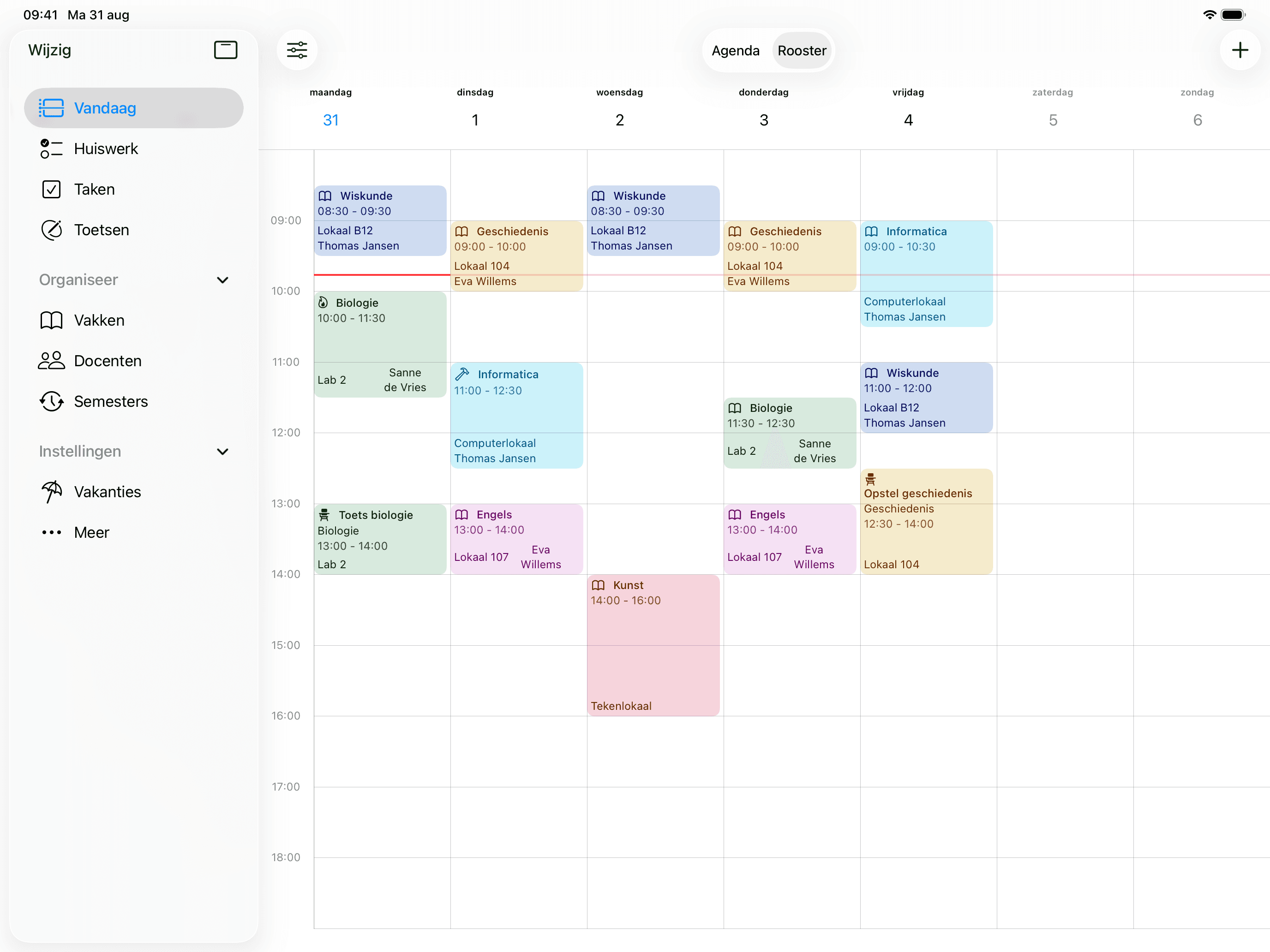 School Planner op iPad met een volledig weekrooster, elke les met tijd en docent