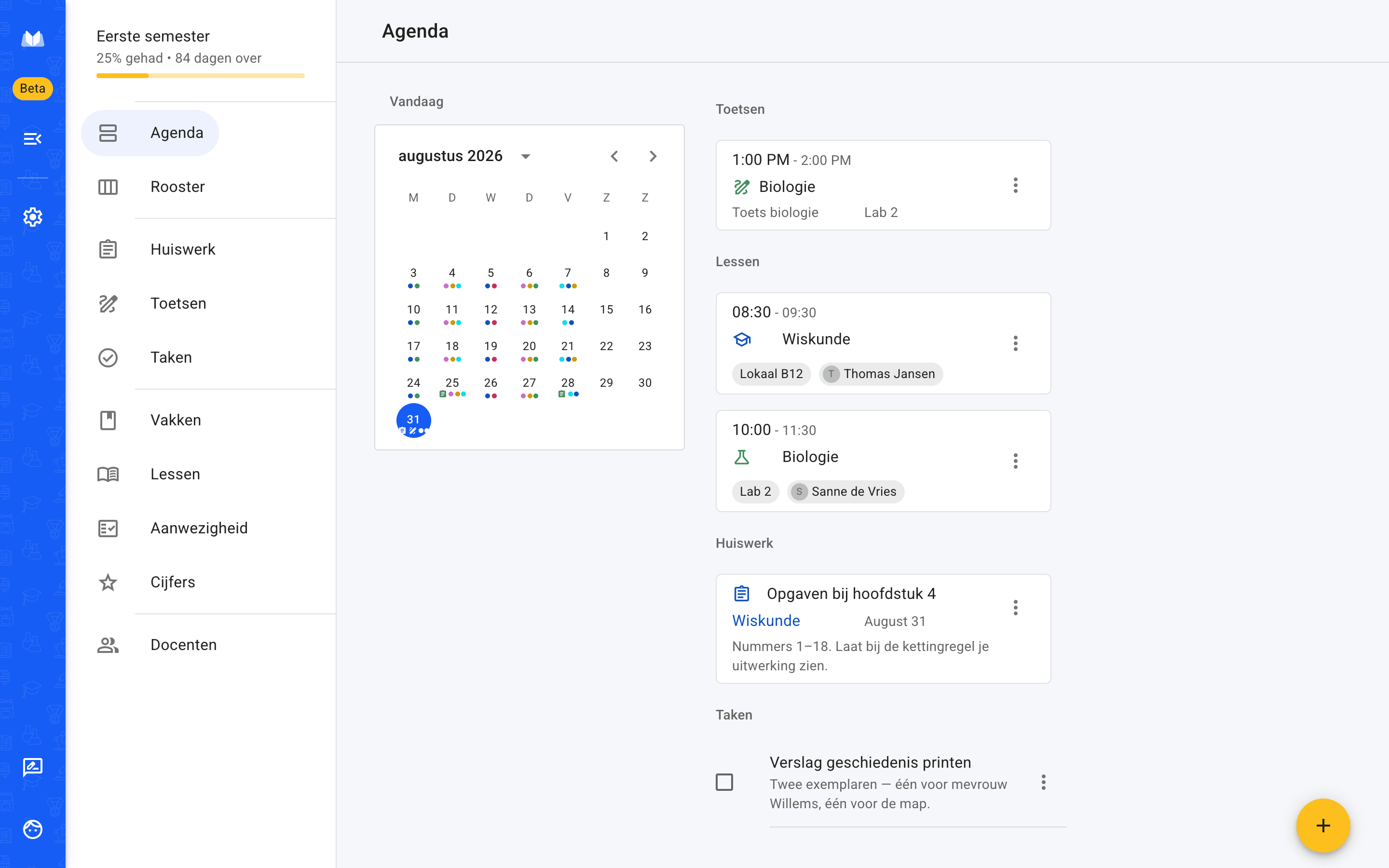 De browserversie van School Planner met één schooldag: de lessen, een toets en het huiswerk van die dag