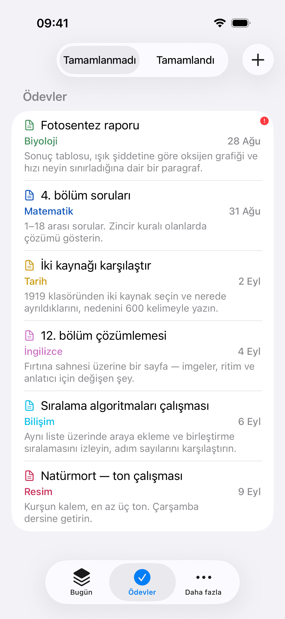 Ödevler ekranı