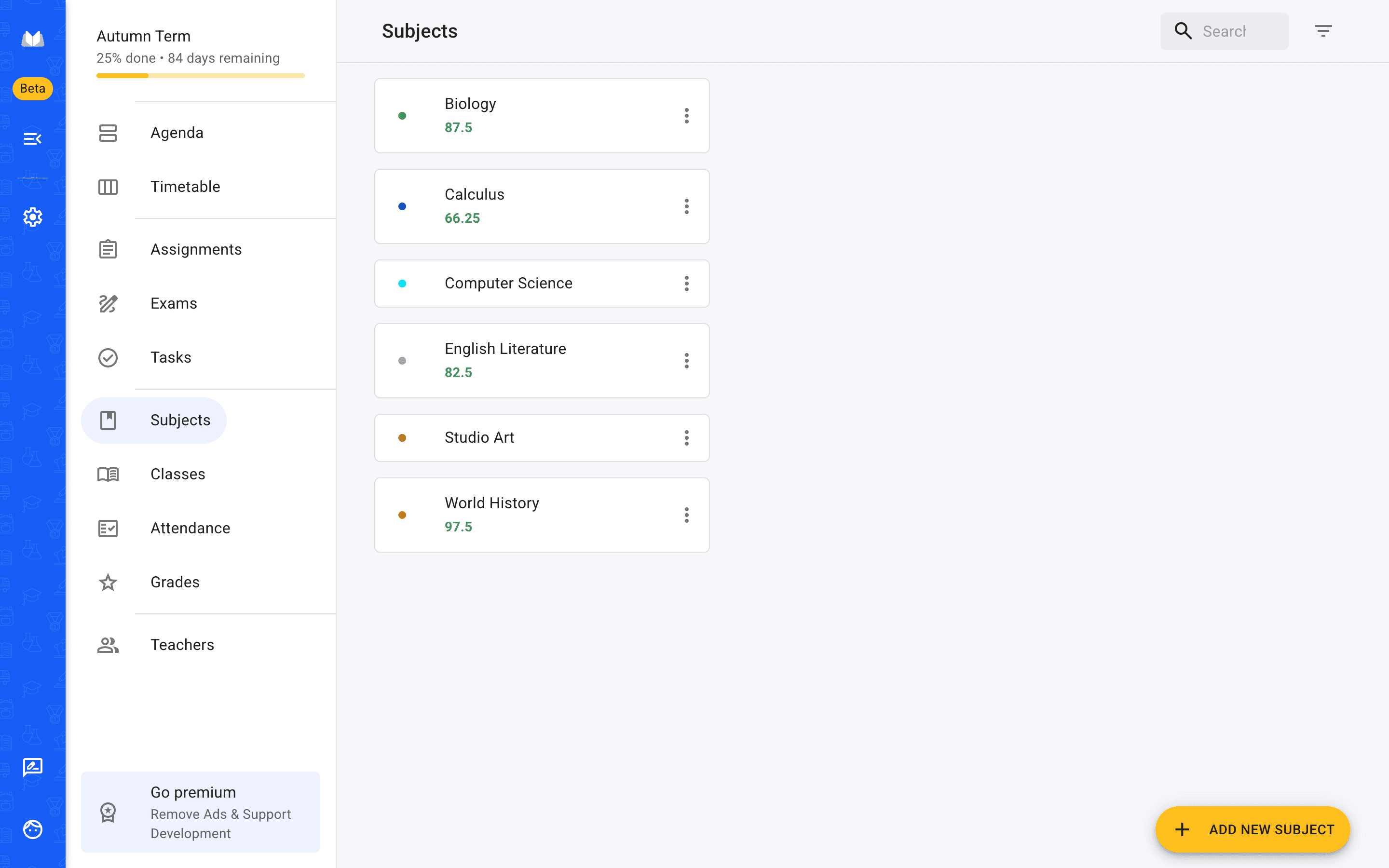 The subjects list in School Planner — six subjects, each with its colour, room and teacher