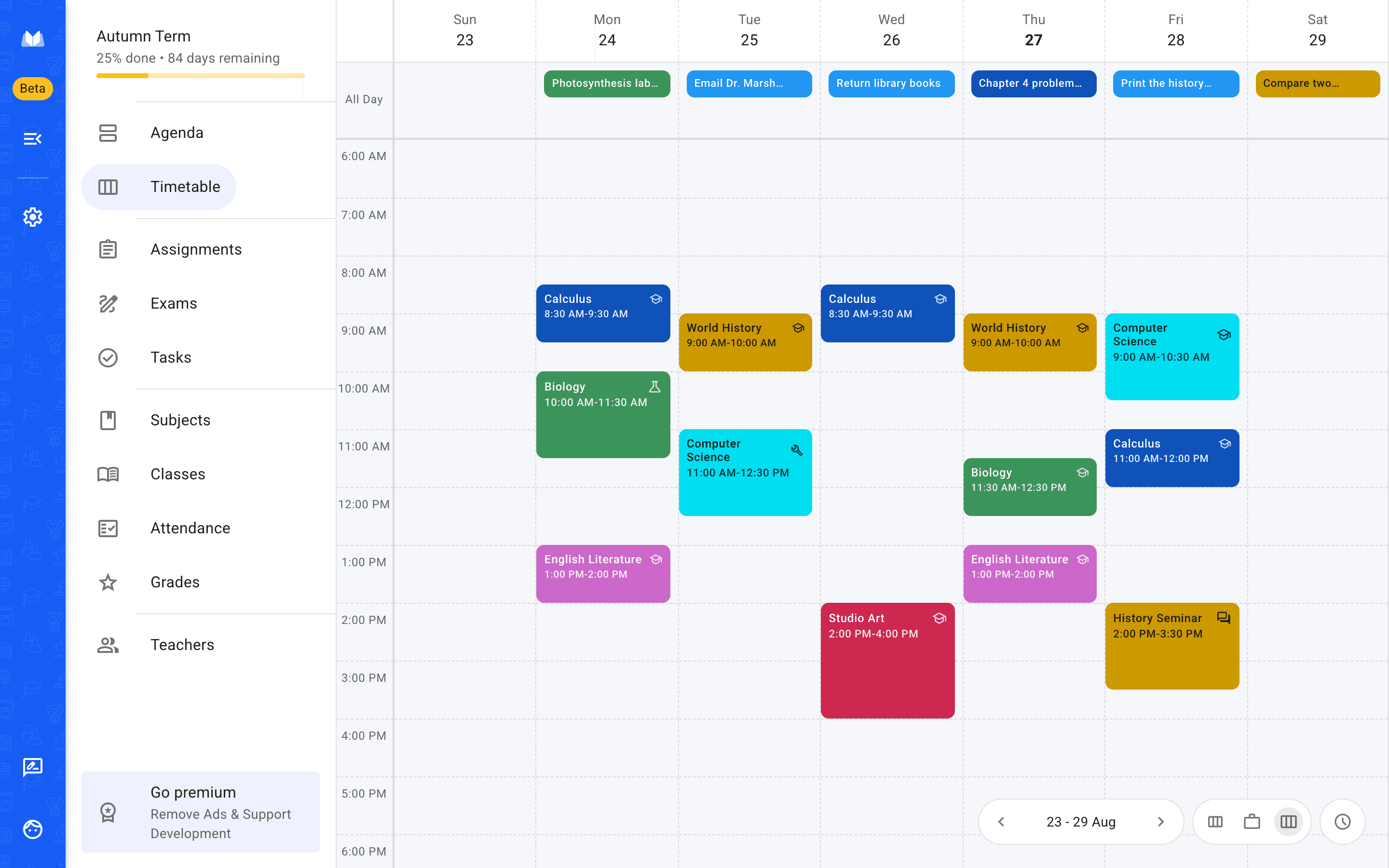 The School Planner web app showing a weekly timetable in a browser